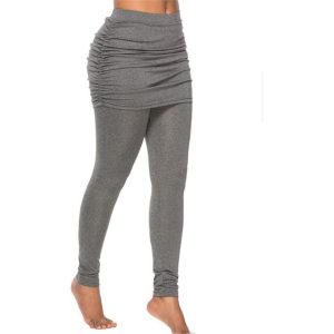 Women's High Waist Leggings Pants Wrap Hip Side Pleated Skirt Fake Two Pieces