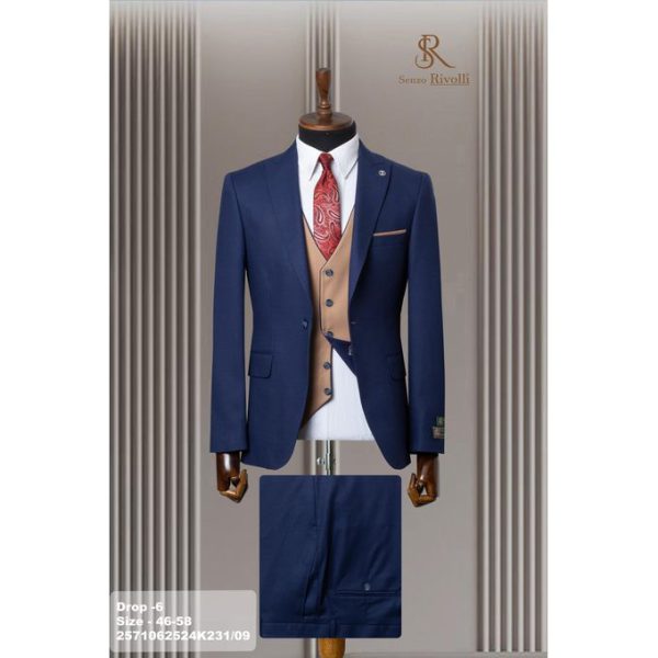 Senzo Rivolli Men's Turkish Bespoke Corporate Luxury Italian Style Suit - Navy Blue
